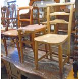 An old elm seated ladder back standard chair a/f, vintage stool and Edwardian bedroom chair -