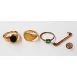 A hallmarked 9ct. gold signet ring, 9ct. gold bloodstone panel similar and a marked 9ct gem set