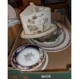 A box containing assorted ceramics including Victorian cheese dish, meat plates, etc.