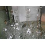Assorted glassware including a pair of Victorian decanters, claret jug, vases, jugs, etc.
