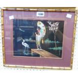 A simulated gilt bamboo framed Oriental watercolour of a Geisha stood on a pier with stork and