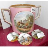 A Victorian Prattware loving cup with rural scenes - sold with three Victorian souvenir