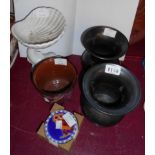 A Torquay pottery cachepot decorated with bird in flight, a pair of Prinknash pottery vases, another