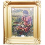 A gilt gesso framed watercolour, depicting a woman in red dress reading a book - dark palette - 16