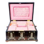 A rosewood sarcophagus shaped sewing box with mother of pearl inlay and fitted interior - loop