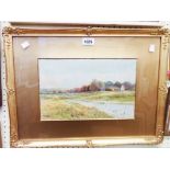 George Oyston: a gilt and wide slipped framed watercolour, depicting sheep grazing beside a river