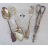 Two similar antique fiddle pattern dessert spoons and similar fork - sold with a pair of silver