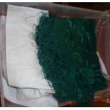 A small collection of linen including embroidered green shawl, Swedish linen pillow case with