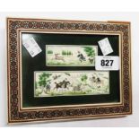 A vizagapatam framed pair of miniature Middle Eastern hunting scenes on ivory - repair to frame