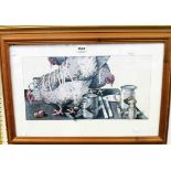 Simon Drew: a framed and coloured print entitled "Hens on the Breakfast Table" - signed in pencil