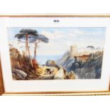 A gilt framed chromolithograph, depicting a continental coastal scene with figures and donkey on a