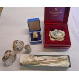 A quantity of collectable items including two white metal pepperettes, small 925 silver scent