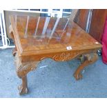 A 28" reproduction polished mixed wood tea table, set on acanthus scroll cabriole legs - light