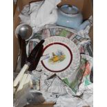 A box of assorted china including Sadler lustre teapot, Foley bone china cat mug, cutlery, etc.