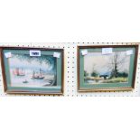 A pair of small gilt framed watercolours, one depicting Oriental fishing vessels - inscribed verso