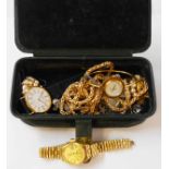 A vintage small jewellery case containing long gold plated neck chain, other costume jewellery and