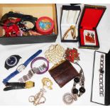 A file box containing a quantity of costume jewellery, modern wristwatches and other items