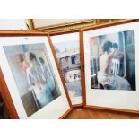 Four matching pine framed large coloured prints - sold with a gilt framed similar and two unframed