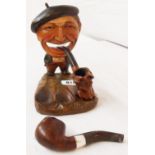 A vintage novelty carved wooden pipe rack in the form of a man wearing a beret - sold with a