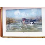 M.J.Yule: a gilt framed painting, depicting ducks in flight with teal on water in foreground -