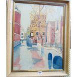 Peggy Steele: a framed oil on board, depicting canal side buildings - signed and dated 1964
