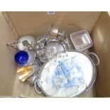 A box containing a quantity of silver plated items including serving dishes, etc.