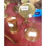 A minature brass folding chess table, copper funnel, and a copper and brass postbox money box