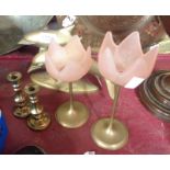 A brass dolphin figurine - sold with two frosted glass and brass candleholders, and a pair of