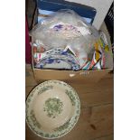 A box containing assorted ceramics including Mason's Ironstone fruit basket, Coalport Concorde