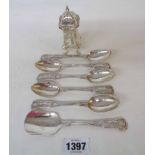 Five matching Exeter silver kings pattern teaspoons - sold with a silver pepperette - London 1908