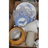 A quantity of assorted ceramics including jelly mould, stoneware jar, blue and white plates, etc.