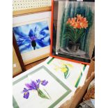 Four framed floral study pictures including Thelma Newell: two mixed media and a pastel