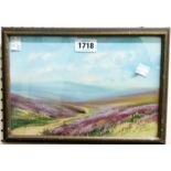 G. Trevor: a framed gouache, depicting a moorland landscape with flowering heather and track in