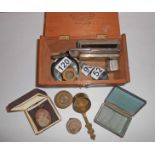 A cigar box of various collectables including three Alice in Wonderland magic lantern slides, silver