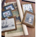 Three antique gilt framed small prints comprising fashion, humour and maritime - sold with two small
