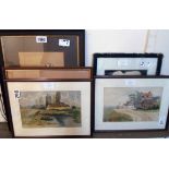 Five framed small original watercolours including a galleon, horses by a gate and three