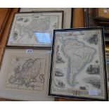 Three framed antique coloured map prints, comprising Asia, South America and Europe - various