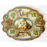 A 19th Century continental embossed and enamel white metal pin tray with central scene of mother and