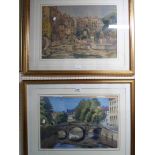 †D.W. Burley: a gilt framed watercolour, depicting a townscape as viewed from a river with bridge in