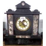 A late Victorian black slate and marble cased mantle clock of architectural design with A. Mougin