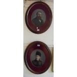 A pair of polished wood oval framed portraits of a lady and gentleman - unsigned