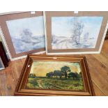 A pair of framed vintage coloured landscape prints - sold with a gilt framed oleograph similar