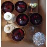 A box containing a decanter, six Venetian ebony gilt dishes and two blue Denmark Pattern