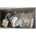 A box containing a quantity of mostly Great British coinage including 1797 Cartwheel two pence (a/f)