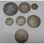 A small collection of antique silver coinage comprising 1973 Maundy Four Pence, 1696 Octavo Crown,