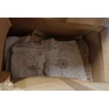 A box of various items of vintage table linen, etc.