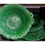 A Wedgwood Majolica Green Leaf ware comport (old repair) and two stands - sold with five similar