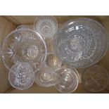 A box of cut and other glassware including Waterford wine glass, Galway vase, etc.