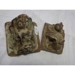 A pair of small antique carved and painted wood furniture bosses in the form of birds