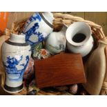 A basket containing assorted Chinese and other pottery and porcelain including pair of blue and